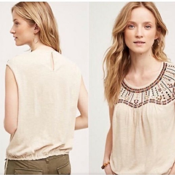 Anthropologie Tops - Anthropologie Akemi $ Kin Mirabelle Tan beaded bohemian short sleeve top size L